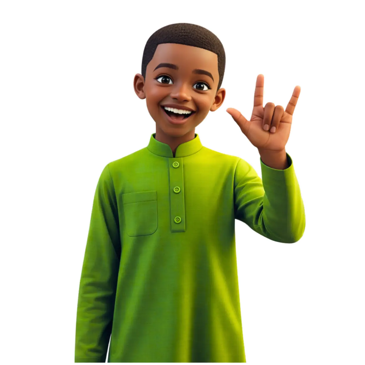 Smiling boy in a green kaftan holding up two fingers